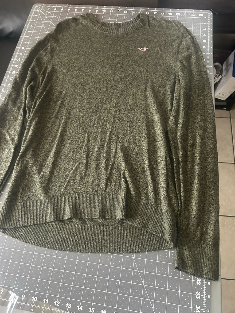 Hollister Men's Olive Crewneck Sweater with Embroidered Logo